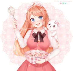 Rule 34 | 1girl, animal, animal ears, animal on shoulder, artist name, bear, bear ears, blue eyes, blush, breasts, commentary, commission, deviantart logo, dress, fake animal ears, food, fruit, highres, holding, instagram logo, large breasts, long hair, long sleeves, looking at viewer, open mouth, original, pink dress, puppypaww, shirt, smile, solo, strawberry, twitter logo, white shirt