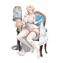 Rule 34 | 1girl, amy razor, bare shoulders, bird, blonde hair, bouquet, breasts, bridal lingerie, bridal veil, bride, cage, chair, cleavage, corset, dress, earrings, elbow gloves, flower, full body, game cg, garter belt, garter straps, gloves, hair between eyes, high heels, highres, jewelry, large breasts, last origin, lingerie, looking at viewer, navel, necklace, official art, open clothes, open dress, panties, pearl necklace, purple eyes, sitting, skirt hold, smile, solo, tachi-e, taesi, thighhighs, transparent background, underwear, veil, wedding dress, white gloves, white panties, white thighhighs