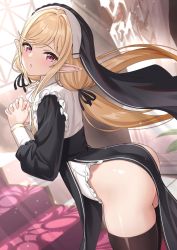 Rule 34 | 1girl, arched back, ass, black dress, black ribbon, black thighhighs, blonde hair, blush, dress, elf, frills, habit, hair ribbon, indoors, interlocked fingers, long hair, long sleeves, looking at viewer, low twintails, nun, own hands clasped, own hands together, pelvic curtain, pointy ears, praying, red eyes, ribbon, sennen sensou aigis, sidelocks, solo, swept bangs, tamakaga, thighhighs, thighs, twintails, tytto (sennen sensou aigis), window