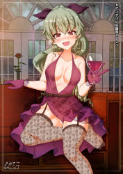 Rule 34 | 1girl, alcohol, anchovy (girls und panzer), bare shoulders, black thighhighs, blush, breasts, cleavage, couch, cup, dress, fishnet thighhighs, fishnets, garter straps, girls und panzer, glass, gloves, green hair, hair ribbon, highres, holding, holding cup, indoors, large breasts, long hair, looking at viewer, megadeko, no bra, no panties, on couch, open mouth, ponytail, purple dress, purple gloves, red eyes, ribbon, shiny skin, sitting, smile, solo, thighhighs, wine