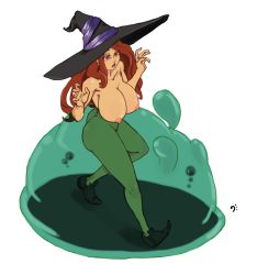 Rule 34 | 1girl, breasts, dragon&#039;s crown, hat, huge breasts, long hair, monster, monster boy, nipples, nude, see-through, slime, sorceress (dragon&#039;s crown), spicy bardo, witch hat