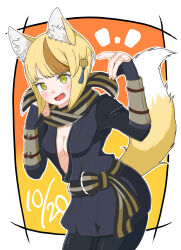 Rule 34 | 1girl, absurdres, amagumo1023, animal ears, blonde hair, breasts, cleavage, cosplay, dated, fire emblem, fire emblem fates, fox ears, fox tail, highres, kaden (fire emblem), kaden (fire emblem) (cosplay), kitsune, medium breasts, multicolored hair, nintendo, orange hair, scarf, selkie (fire emblem), solo, streaked hair, striped clothes, striped scarf, tail, two-tone hair, yellow eyes