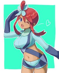 Rule 34 | 1girl, ;d, absurdres, arm up, blue eyes, blue gloves, blue jacket, blue shorts, blush, border, commentary request, cowboy shot, creatures (company), crop top, cropped jacket, eyelashes, game freak, gloves, green background, hair ornament, heart, highres, jacket, looking at viewer, midriff, navel, nintendo, one eye closed, one side up, open mouth, outline, peppedayo ne, pokemon, pokemon bw, red hair, salute, short hair with long locks, short shorts, shorts, sidelocks, skyla (pokemon), smile, solo, tongue, turtleneck, white border