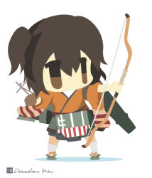 Rule 34 | 10s, 1girl, bad id, bad pixiv id, bow (weapon), brown eyes, brown hair, chameleon man (three), chibi, flat color, hiryuu (kancolle), kantai collection, no lineart, short hair, twintails, weapon, white background