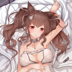 Rule 34 | 1girl, ahoge, angelina (arknights), animal ears, arknights, blush, breasts, brown hair, cat cutout, cirnos, clothing cutout, collar, collarbone, crop top, extra ears, fox ears, grey collar, large breasts, long hair, looking at viewer, lying, on back, on bed, red eyes, shirt, smile, solo, twintails, upper body, white shirt