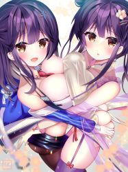 Rule 34 | 2girls, absurdres, areola slip, azur lane, bare shoulders, blush, breast press, breasts, brown eyes, commentary request, double bun, dual persona, flower, hair bun, hair flower, hair ornament, hairclip, highres, j azln (magnetic field), jacket, large breasts, long hair, long sleeves, looking at viewer, mullany (azur lane), mullany (eastern etiquette) (azur lane), multiple girls, off shoulder, open clothes, open mouth, purple hair, sidelocks, smile, symmetrical docking