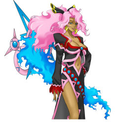 Rule 34 | 1girl, black dress, blue hair, breasts, center opening, cleavage, dark-skinned female, dark skin, dress, duwei frabellum, fiery hair, hip focus, large breasts, long hair, looking at viewer, midriff, navel, official art, pink hair, project x zone, simple background, solo, very long hair, white background