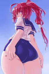 Rule 34 | 1girl, ass, back, blouse, blue sky, blue one-piece swimsuit, dd (ijigendd), hair ribbon, highres, i-168 (kancolle), kantai collection, long hair, looking at viewer, looking back, one-piece swimsuit, ponytail, red hair, ribbon, sailor collar, school swimsuit, school uniform, serafuku, shirt, short sleeves, sky, solo, sunlight, swimsuit, swimsuit under clothes