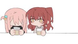Rule 34 | 2girls, bocchi the rock!, bright pupils, chibi, commentary, cube hair ornament, cup, drinking glass, earrings, flower earrings, gotoh hitori, grey choker, grey shirt, hair ornament, hair over eyes, highres, holding, holding cup, jewelry, kita ikuyo, long hair, looking at another, multiple girls, one eye closed, pink hair, red hair, shirt, simple background, sweatdrop, white background, white pupils, yanlingjinshilihuahua, yellow eyes