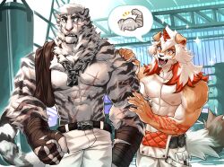 Rule 34 | abs, animal ears, arknights, arm tattoo, bandaged hand, bandages, bara, blue eyes, chain, chain necklace, chirenbo, claws, commentary, cross scar, english commentary, facial scar, fangs, furry, furry male, highres, holding another&#039;s arm, horns, hung (arknights), jewelry, komainu boy, komainu ears, komainu tail, looking at another, male focus, mountain (arknights), multiple scars, muscular, muscular male, navel, necklace, nipples, open mouth, orange eyes, pants, pectorals, punching bag, scar, scar across eye, scar on arm, scar on cheek, scar on chest, scar on face, scar on nose, scar on stomach, single horn, speech bubble, tail, tattoo, tiger boy, tiger ears, tiger stripes, tiger tail, topless male, walking, white pants