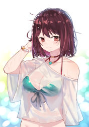 Rule 34 | 1girl, atelier (series), atelier sophie, bare shoulders, bikini, bracelet, breasts, brown eyes, brown hair, closed mouth, collarbone, commentary request, front-tie bikini top, front-tie top, green bikini, hand up, jewelry, medium breasts, navel, off shoulder, pearl bracelet, ryuuno6, see-through, shirt, smile, solo, sophie neuenmuller, swimsuit, upper body, white shirt