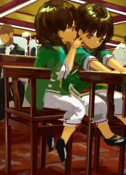Rule 34 | 1boy, 2girls, absurdres, bad id, bad twitter id, black eyes, black footwear, black hair, chair, child, china dress, chinese clothes, cup, dress, drinking glass, green dress, highres, indoors, multiple girls, original, pants, restaurant, sero3eta, shoes, siblings, table, twins, whispering, white pants, wine glass