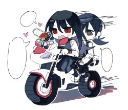 Rule 34 | 1boy, 2girls, black hair, chainsaw man, cross scar, denji (chainsaw man), dress, facial scar, fourth east high school uniform, heart, heart-shaped pupils, highres, long hair, looking at another, low twintails, mini person, miniboy, mitaka asa, multiple girls, on motorcycle, open mouth, pinafore dress, red eyes, ringed eyes, scar, scar on cheek, scar on face, school uniform, simple background, sleeveless, sleeveless dress, symbol-shaped pupils, thouge2, twintails, white background, yoru (chainsaw man)