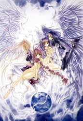 Rule 34 | 4girls, angel/dust, angel dust, angel flavor, artbook, braid, earth (planet), hair ribbon, hatori yuina, highres, kudoh akiho, kudou akiho, long hair, lucifer (angel dust), lucifer (mythology), multiple girls, multiple wings, nanase aoi, nude, planet, ribbon, seraph, seraph (angel dust), wings