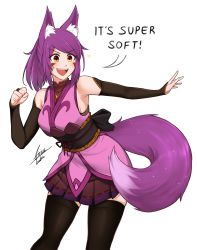 Rule 34 | 1girl, absurdres, airisubaka, alternate costume, animal ear fluff, animal ears, black thighhighs, commentary, detached sleeves, fox ears, fox tail, highres, jewelry, kemonomimi mode, leah (airisubaka), necklace, obi, original, pleated skirt, ponytail, purple hair, sash, simple background, skirt, solo, sparkle, tail, thighhighs, v-shaped eyebrows, white background, yellow eyes, zettai ryouiki