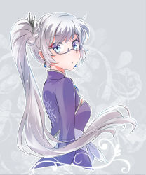 Rule 34 | 1girl, :o, absurdres, blue eyes, breasts, cropped torso, dress, earrings, floating hair, from side, glasses, grey background, highres, iesupa, jewelry, long hair, long sleeves, looking at viewer, purple dress, rwby, side ponytail, solo, tiara, upper body, very long hair, weiss schnee, white hair