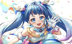 Rule 34 | 1girl, ahoge, blue cape, blue dress, blue eyes, blue hair, bow, brooch, cape, commentary, confetti, cure sky, cut bangs, detached sleeves, dress, dress bow, earrings, fingerless gloves, gloves, gradient hair, highres, hirogaru sky! precure, jewelry, long hair, looking at viewer, magical girl, muginome (bakuga chan2), multicolored hair, open mouth, pink bow, pink hair, precure, puffy detached sleeves, puffy sleeves, single earring, single sidelock, sleeveless, sleeveless dress, smile, solo, sora harewataru, streaked hair, twintails, two-sided cape, two-sided fabric, two-tone dress, two-tone hair, very long hair, waving, white dress, white gloves, wing brooch, wing hair ornament