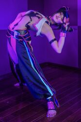 1girl belt black_hair cosplay feet fingerless_gloves flexible full_body gloves han_juri heterochromia neon_lights pants real_life rirarira_321 street_fighter street_fighter_6 toeless_legwear v wooden_floor