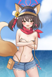 Rule 34 | 1girl, :d, animal ear fluff, animal ears, bare arms, bare shoulders, bikini, black hair, blue archive, blue shorts, blue sky, blush, breasts, brown eyes, brown hat, cloud, commentary request, covering breasts, covering privates, cutoffs, day, denim, denim shorts, fang, flower, fox ears, fox girl, fox tail, hair between eyes, hair flower, hair ornament, halo, hat, heart, highres, horizon, izuna (blue archive), izuna (swimsuit) (blue archive), looking at viewer, mitsumine raimu, navel, ocean, one side up, open mouth, outdoors, short shorts, shorts, sky, small breasts, smile, solo, striped bikini, striped clothes, sunflower, swimsuit, tail, visor cap, water, yellow flower