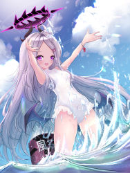 Rule 34 | 1girl, :d, absurdres, ahoge, armpits, arms up, blue archive, blue sky, cloud, cloudy sky, commentary request, demon girl, demon horns, demon wings, forehead, grey hair, hair ornament, hairclip, halo, highres, hina (blue archive), horizon, horns, in water, innertube, leaning back, long hair, looking at viewer, ocean, one-piece swimsuit, open mouth, p ion, parted bangs, purple eyes, sidelocks, sky, smile, solo, swim ring, swimsuit, wading, whistle, white one-piece swimsuit, wings