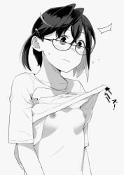 Rule 34 | 1girl, arrow (symbol), asymmetrical hair, banned artist, blush, breasts, closed mouth, clothes lift, commentary request, flying sweatdrops, glasses, greyscale, hair between eyes, hair ornament, hairclip, kantai collection, lifting another&#039;s clothes, makio (makiomeigenbot), monochrome, nipples, okinami (kancolle), shirt lift, short hair, simple background, small breasts, solo, sweat