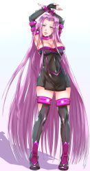 Rule 34 | 1girl, absurdres, arms up, black dress, boots, breasts, cleavage, covered navel, dress, elbow gloves, fate/stay night, fate (series), full body, gloves, highres, long hair, looking at viewer, medusa (fate), medusa (rider) (fate), purple eyes, purple hair, short dress, solo, square pupils, thigh boots, thighhighs, waifu2x, zettai ryouiki