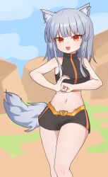 Rule 34 | 1girl, :d, absurdres, animal ears, bare shoulders, black shorts, day, feet out of frame, fist in hand, highres, ju ge, looking at viewer, midriff, navel, open mouth, orange eyes, original, outdoors, short shorts, shorts, sleeveless, smile, solo, tail, wolf ears, wolf tail