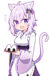 Rule 34 | :d, ahoge, animal ears, apron, blush, cat ears, cat girl, cat tail, chibi, crossed bangs, fang, food, frilled apron, frills, gradient kimono, hair between eyes, hair ornament, holding, holding plate, holding tray, hololive, japanese clothes, kanzashi, kimono, maid, maid apron, nekomata okayu, nekomata okayu (new year), notice lines, official alternate costume, onigiri, open mouth, plate, purple eyes, purple hair, purple kimono, rabiiandrain, short hair, simple background, skin fang, smile, tail, tray, virtual youtuber, wa maid, white apron, white background, white kimono