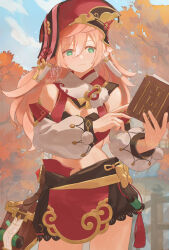 Rule 34 | 1girl, bare shoulders, black shorts, blue sky, book, breasts, cleavage, cloud, commentary, cowboy shot, day, detached sleeves, genshin impact, green eyes, hair between eyes, highres, holding, holding book, long hair, long sleeves, looking at viewer, midriff, pink hair, pom pom (clothes), red headwear, shorts, sky, small breasts, smile, solo, sou (pale 1080), standing, stomach, tree, very long hair, yanfei (genshin impact)