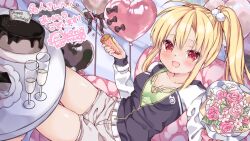 Rule 34 | 1girl, :d, ahoge, akino (chikarrr), arihara nanami, balloon, black bow, blonde hair, blush, bouquet, bow, breasts, cake, cleavage, collarbone, commentary request, commission, confetti, cup, drinking glass, eyelashes, feet out of frame, flower, food, green shirt, grey shorts, hair between eyes, hair ornament, happy, happy birthday, heart balloon, highres, holding, holding bouquet, holding party popper, indoors, jacket, letterman jacket, long hair, looking at viewer, medium breasts, official alternate costume, official alternate hairstyle, open mouth, partially unzipped, party, party popper, pink flower, pink rose, pom pom (clothes), pom pom hair ornament, ponytail, red eyes, riddle joker, rose, second-party source, shirt, shorts, sidelocks, signature, sitting, sleeves past wrists, smile, solo, thighs, white flower, wine glass