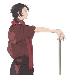 Rule 34 | 10s, 1boy, alternate costume, androgynous, black hair, from side, japanese clothes, kashuu kiyomitsu, male focus, nail polish, personification, red eyes, red nails, red scarf, scarf, simple background, solo, tko (mmtmk), touken ranbu, traditional clothes, white background