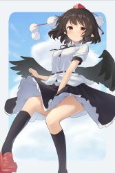 Rule 34 | 1girl, bird wings, black hair, black neckwear, black ribbon, black skirt, black socks, black wings, blush, border, breasts, closed mouth, cloud, cloudy sky, commentary request, day, floating, foot out of frame, geta, hat, highres, kanpa (campagne 9), kneehighs, looking at viewer, medium breasts, outdoors, outside border, petticoat, pointy ears, pom pom (clothes), red eyes, red footwear, red hat, ribbon, shameimaru aya, shirt, short hair, short sleeves, skirt, sky, smile, socks, solo, swept bangs, tengu-geta, tokin hat, touhou, white border, white shirt, wings