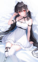 Rule 34 | 1girl, absurdres, bare shoulders, black hair, black straps, breasts, cleavage, closed mouth, dress, earrings, frilled dress, frills, funii, hair between eyes, hand up, highres, jewelry, long eyelashes, long hair, looking at viewer, medium breasts, original, red eyes, red nails, sitting, sleeveless, sleeveless dress, solo, thigh strap, thighhighs, very long hair, white dress, white thighhighs, white veil