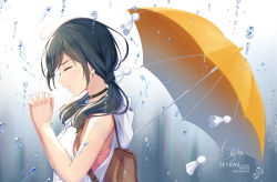 Rule 34 | 1girl, amano hina (tenki no ko), artist name, bare arms, bare shoulders, black hair, choker, commentary request, from side, hood, hood down, hooded jacket, jacket, long hair, low twintails, own hands together, rain, skyrail, sleeveless, sleeveless jacket, solo, tenki no ko, twintails, umbrella