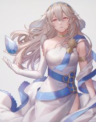 Rule 34 | 1girl, ai tkkm, armlet, asymmetrical clothes, commentary request, corrin (female) (fire emblem), corrin (fire emblem), dragonstone, dress, elbow gloves, fire emblem, fire emblem fates, fire emblem heroes, floating, floating hair, floating object, gloves, grey hair, hair between eyes, highres, jewelry, long dress, long hair, looking away, nintendo, official alternate costume, pointy ears, red eyes, simple background, single-shoulder dress, single glove, solo, veil, white dress, white gloves, white veil