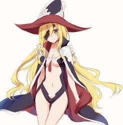 Rule 34 | 1girl, black cape, blonde hair, blush, breasts, cape, cleavage, collarbone, commentary request, eyepatch, green eyes, hair between eyes, hat, head tilt, highres, long hair, looking at viewer, medium breasts, navel, nemu mohu, othinus, red cape, smile, solo, thigh gap, toaru majutsu no index, toaru majutsu no index: new testament, two-tone cape, very long hair, witch hat