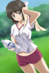 Rule 34 | 10s, 1girl, absurdres, black hair, blurry, bottle, bow, commentary request, depth of field, dutch angle, green eyes, groin, gym uniform, hair bow, highres, holding, holding bottle, kohinata miku, looking at viewer, narayu, open mouth, pocari sweat, red shorts, senki zesshou symphogear, shirt, short hair, short shorts, shorts, solo, towel, water bottle, white bow, white shirt