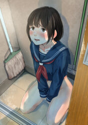 Rule 34 | 1girl, between legs, black sailor collar, black serafuku, black shirt, blush, bottomless, brown eyes, brown hair, commentary request, cropped shirt, hand between legs, highres, indoors, long sleeves, mop, navel, neckerchief, open mouth, original, red neckerchief, sailor collar, school uniform, serafuku, shirt, short hair, sitting, solo, textless version, unncow