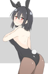 Rule 34 | 1girl, absurdres, animal ears, ass, bare arms, bare shoulders, black hair, black leotard, blush, breasts, brown pantyhose, closed mouth, fake animal ears, grey background, hair between eyes, hair ornament, highres, kantai collection, leaning forward, leotard, looking at viewer, looking back, medium breasts, pantyhose, playboy bunny, rabbit ears, rabbit girl, rabbit tail, red eyes, sakikumo (sakumo), solo, tail, two-tone background, white background, yamashiro (kancolle)