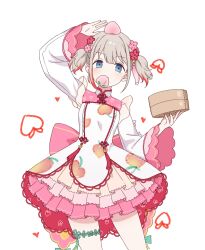 Rule 34 | 1girl, absurdres, bamboo steamer, blue eyes, blush, box, china dress, chinese clothes, closed mouth, collared dress, cowboy shot, dress, food, food on head, frilled dress, frills, fruit, fruit on head, grey hair, hair between eyes, hand up, highres, holding, holding box, idolmaster, idolmaster shiny colors, layered skirt, leaning to the side, legs apart, long bangs, long sleeves, looking at viewer, mouth hold, multicolored hair, object on head, peach, pink skirt, red hair, rgst (ramgester), serizawa asahi, short hair, short twintails, side slit, sidelocks, simple background, skirt, smile, solo, streaked hair, thigh strap, twintails, white background, white dress