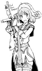 1girl collar cowboy_shot dress garter_straps greyscale gun headgear holding holding_gun holding_weapon kantai_collection lexington_(kancolle) looking_at_viewer metal_collar monochrome neckerchief sailor_collar sailor_dress short_hair smile solo standing submachine_gun task_(s_task80) thighhighs thompson_submachine_gun weapon