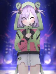 Rule 34 | 1girl, absurdres, blush, blush stickers, closed eyes, commission, concert, dress, eien project, eyebrows, eyelashes, frog, hair over one eye, hand on own chest, headset, highres, hood, hoodie, knee up, knees up, looking at viewer, microphone, purple hair, shironomi, short hair, skirt, smile, solo, stage, stage lights, standing, virtual youtuber, zumi dokumi