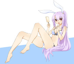 Rule 34 | 1girl, alternate hairstyle, animal ears, bare shoulders, barefoot, bikini, breasts, food, ice cream, legs, legs up, long hair, looking at viewer, lying, on floor, open mouth, ponytail, purple hair, rabbit ears, red eyes, reisen udongein inaba, small breasts, solo, swimsuit, tongue, tongue out, touhou, very long hair, yukina (masyumaro610)