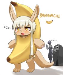 Rule 34 | 1boy, 1girl, 1other, :3, androgynous, animal ears, banana, banana costume, bondrewd, commentary, fang, food, fruit, furry, highres, looking at another, looking at viewer, made in abyss, nanachi (made in abyss), nyxkz, open mouth, ozen, partially translated, short hair, smile, translation request, white hair, yellow eyes
