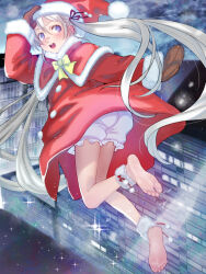 Rule 34 | 1girl, ass, barefoot, bloomers, blue eyes, blush, feet, hat, long hair, looking at viewer, open mouth, santa costume, santa hat, soles, soon (c-u-soon), toes, twintails, underwear, white hair