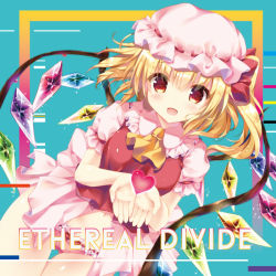 Rule 34 | 1girl, album cover, ascot, blonde hair, blue background, blush, cover, crystal, dutch angle, english text, flandre scarlet, hat, hat ribbon, heart, kino (kino konomi), looking at viewer, midriff, mob cap, navel, no pants, open mouth, panties, puffy sleeves, red eyes, ribbon, shirt, short hair, short sleeves, side ponytail, smile, solo, text focus, touhou, underwear, vest, wings