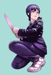 Rule 34 | 1girl, black eyes, black hair, black necktie, blue pants, business suit, chainsaw man, collared shirt, formal, green background, hair between eyes, hair ornament, higashiyama kobeni, highres, holding, holding knife, holding weapon, kneeling, knife, looking to the side, medium hair, mole, mole under mouth, multiple moles, necktie, on one knee, pants, ponytail, shirt, shoes, sneakers, solo, suit, sweat, third-party source, weapon, white footwear