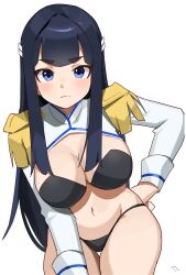 Rule 34 | 1girl, bikini, black bikini, black hair, blue eyes, blush, breasts, closed mouth, commission, hair between eyes, hair ornament, highres, kill la kill, kiryuuin satsuki, large breasts, long hair, long sleeves, looking at viewer, shirt, simple background, solo, swimsuit, t-lex, upper body, white background