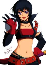 Rule 34 | 1girl, :d, akane kazami, belt, black choker, black gloves, black hair, black shorts, chest harness, choker, collarbone, commentary, cowboy shot, dated, detached sleeves, elbow gloves, fingerless gloves, flat chest, gloves, hair between eyes, hand on own hip, harness, highres, layered gloves, looking at viewer, midriff, navel, ok sign, open mouth, purple eyes, red belt, red gloves, red tube top, rutee katrea, sheath, sheathed, short hair, shorts, sidelocks, signature, simple background, smile, solo, standing, strapless, sword, tales of (series), tales of destiny, tube top, weapon, white background