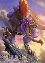 Rule 34 | alternate form, claws, commentary request, copyright name, dinosaur, dinosaur horns, hair between eyes, horns, kuroda asaki, long hair, looking at viewer, no humans, official art, on roof, one piece, open mouth, page one (one piece), pants, purple hair, rooftop, sharp teeth, smoke, solo, sunset, teeth